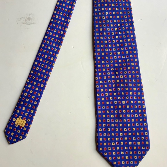 DUNHILL  navy blue with red motifs silk Tie made in Italy 🇮🇹 - Picture 6 of 8